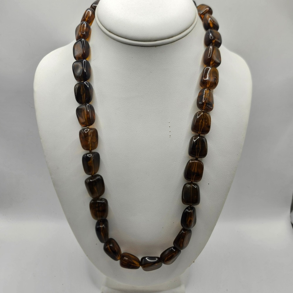 Vintage Crown Trifari Tortoise Shell Resin Bead Necklace Brown Amber Swirl Chunk